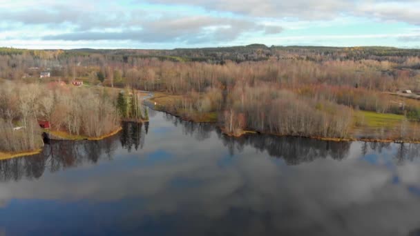 Flying Small Lake Forest Some Houses Power Station Filmed Realtime — Vídeo de Stock