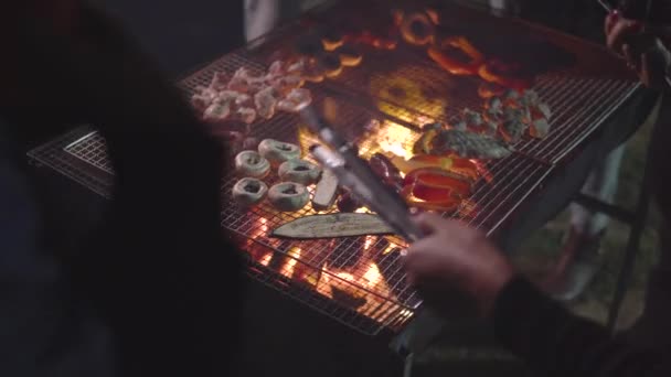 Utsikt Från Bakom Axlarna Människor Grillning Svamp Korv Kyckling Aubergine — Stockvideo