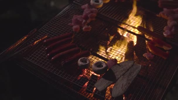 소시지 닭고기 가지를 정원에 Bbq 모습을 위에서 바라본다 — 비디오