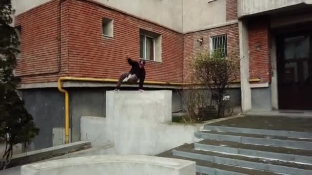 Leading Tracking Shot Young Adult Male Parkour Free Runner Vaulting — Stock videók
