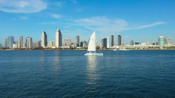 Flygfoto Segelbåt San Diego Bay Med San Diego Staden Skyline — Stockvideo