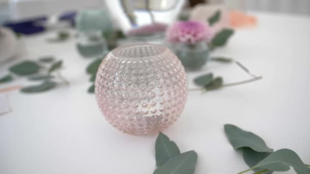 Wedding Decoration Beautiful Pink Jar Candle White Table Eucalyptus Leaves — Stockvideo