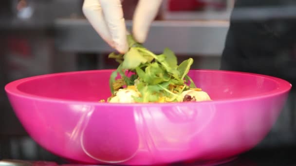 Caterer Preparing Salad Arugula — Stok Video