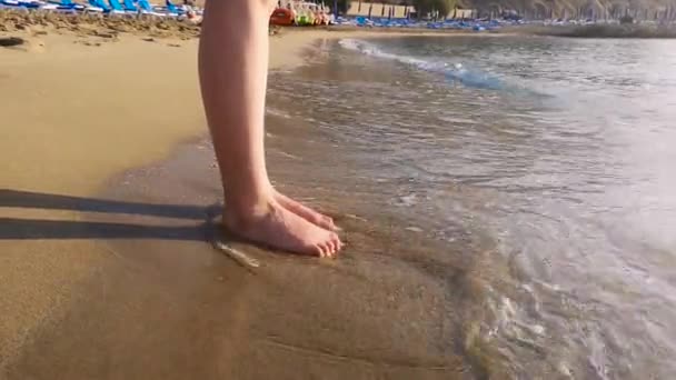 ビーチで波に立っている間に女性は砂の中に彼女のつま先を切り替える — ストック動画
