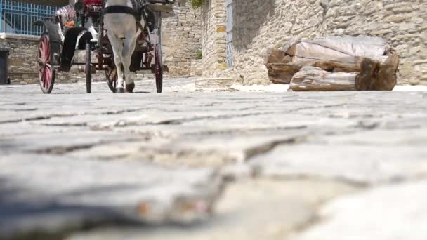 Low Angle View Horse Drawn Carriage Passing Two Woman Cobblestone — Stockvideo