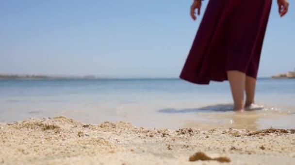 Mujer Angustiada Camina Mar Con Vestido — Vídeo de stock