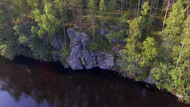 フィンランドのボレリスの荒野にある森の湖の岩礁の海岸線の美しいドローン映像 海岸線から引き返すカメラ — ストック動画
