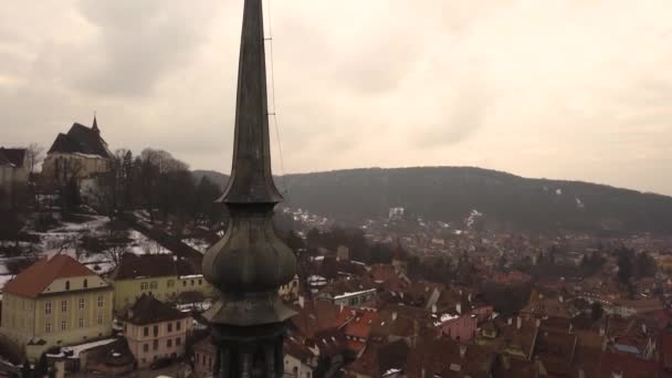 Détail Tour Toit Tour Horloge Sighisoara Avec Citadelle Arrière Plan — Video