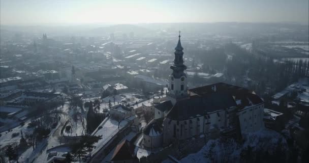 Flying Nitra Castle Back Side Winter Aerial Shot Slovakia — Αρχείο Βίντεο