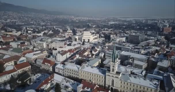 Flying above Nitra City centre, Winter, Aerial shot, Slovakia