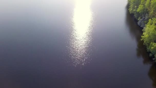 Beautiful Aerial Footage Remote Forest Lake Relaxing Sunbeams Reflecting Surface — Video