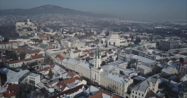 Weite Luftaufnahme der Stadt Nitra mit Burg und Bergen im Hintergrund, Winter, Slowakei