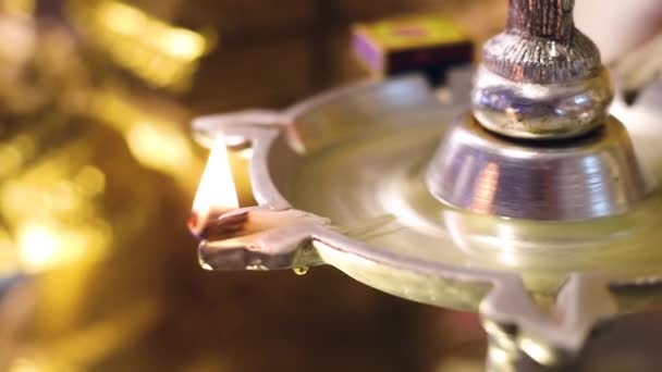 Oil Lamp Temple South Indian Slow Motion Close Shot Silver — Stock Video