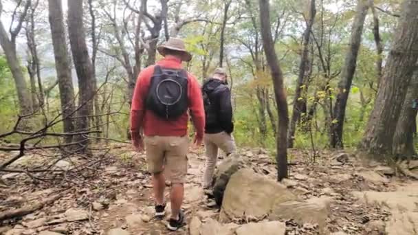 Twee Wandelaars Dalen Een Steil Rotspad Vanaf Top Van Een — Stockvideo