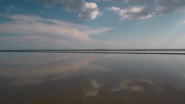 Alykes Hellenic Saltworks Located Mesolongi Greece Drone Footage Clouds Reflection — Stockvideo