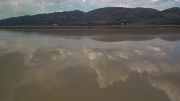 Alykes Hellenic Saltworks Located Mesolongi Greece Drone Footage Clouds Reflection — Stockvideo