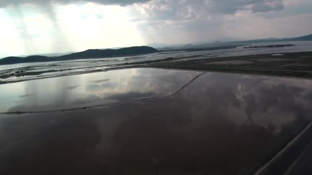 Alykes Hellenic Saltworks Located Mesolongi Greece Drone Footage Clouds Reflection — Stockvideo