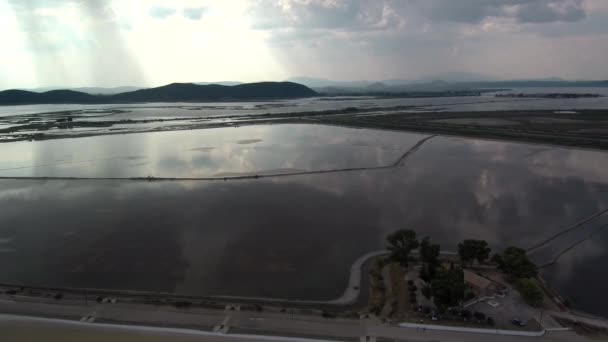 Alykes Hellenic Saltworks Located Mesolongi Greece Drone Footage Clouds Reflection — Stockvideo