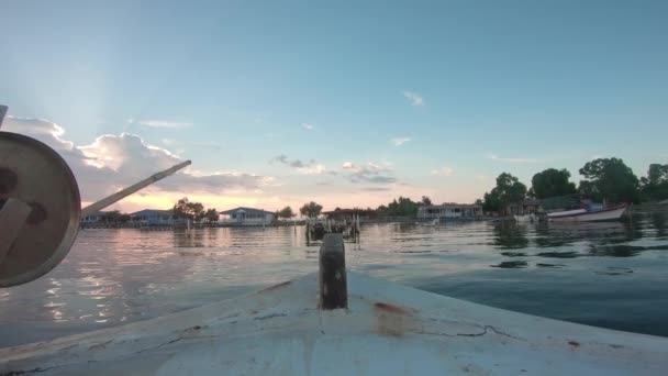 Point View Sailing Fishing Boat Sailing Forward Sunset Calm Water — Stock Video