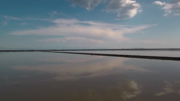 Alykes Hellenic Saltworks Located Mesolongi Greece Drone Footage Clouds Reflection — Stockvideo