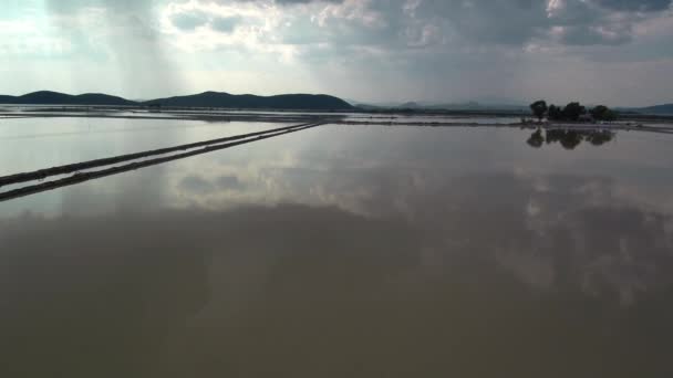 Alykes Hellenic Saltworks Located Mesolongi Greece Drone Footage Clouds Reflection — 图库视频影像