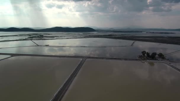 Alykes Hellenic Saltworks Located Mesolongi Greece Drone Footage Clouds Reflection — Stockvideo
