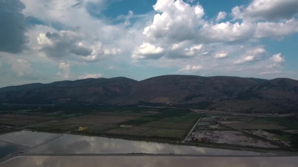 Alykes Hellenic Saltworks Located Mesolongi Greece Drone Footage Clouds Reflection — 图库视频影像