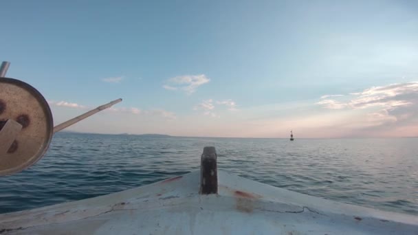 Point View Sailing Fishing Boat Sailing Forward Sunset Calm Water — Stock Video