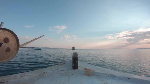 Point View Sailing Fishing Boat Sailing Forward Sunset Calm Water — Stock Video