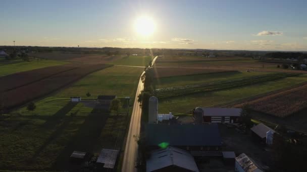 Drone Shot Farmhouses Farmland Gorgeous Golden Sun Sets Distance — Stock video