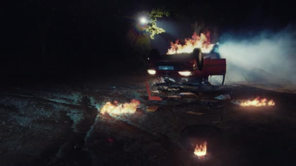 Car Crashed Turned Upside Fire Dark Gravel Road Shot Red — Videoclip de stoc