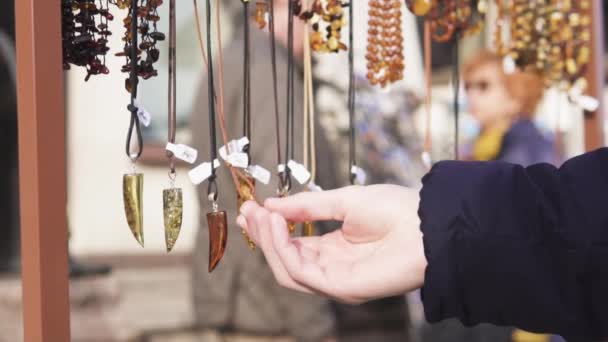 Hands Getting Amber Jewelry Slow Motion Gdanks Poland Shoot Sony — стоковое видео