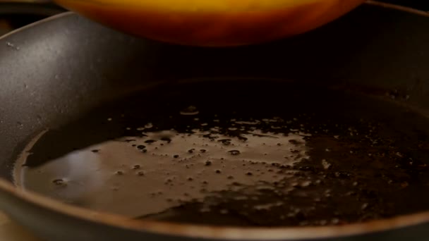 Whisked Eggs Being Poured Hot Frying Pan — Stock video