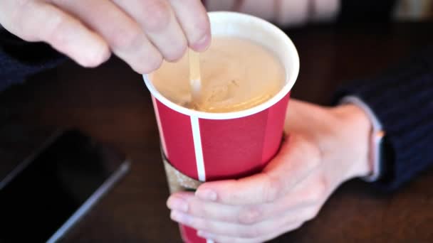 Clip Taken Coffee Shop Cafe Caucasian Women Stirring Holiday Coffee — Stockvideo