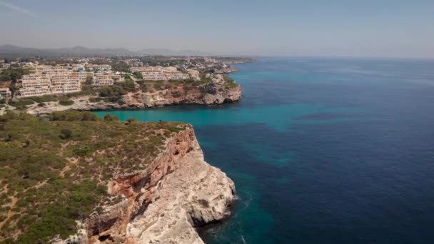 Aerial Drone Flying Close Cliffs Mallorca Coast Sunny Summer — 비디오