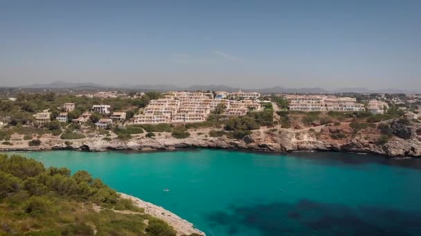 Aerial Drone Flying Turquoise Sea Touristic Beach Mallorca — Stockvideo