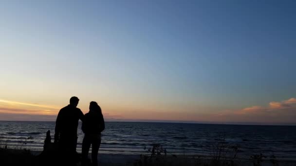 Young Couple Watching Sunset Beach Only Silhouettes Visible Man Woman — 图库视频影像