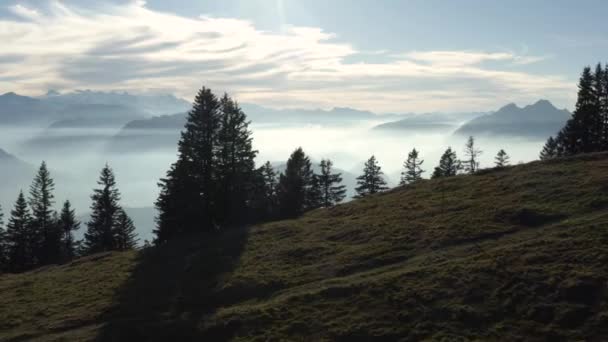 Aerial View Amazing Mountain Landscape Fog Covered Mountains Lake Rigi — Wideo stockowe