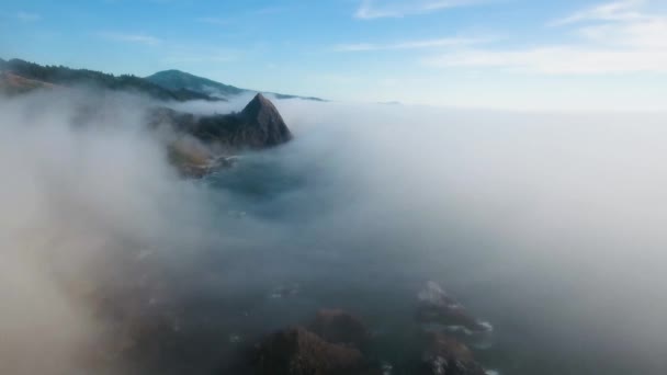 Aerial Pushing Mist Filled Day Mountain Oregon Coastline — Stockvideo