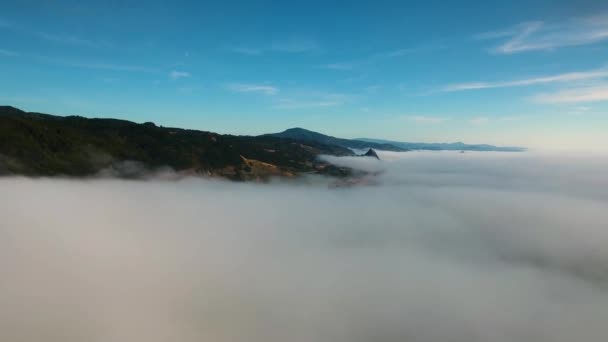 Aerial Flying Layer Fog Oregon Coastline Begins Visible — Vídeo de Stock
