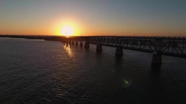 Aerial Pulling Away Old Broken Bridge Sunset — ストック動画