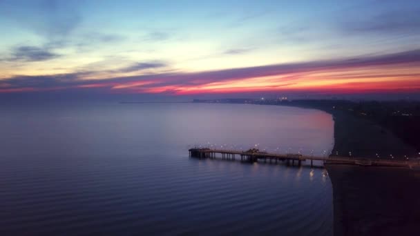 Early Morning Beach Just Sunrise Drone Footage Orange Purple Sky — стоковое видео