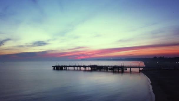 Early Morning Beach Just Sunrise Drone Footage Orange Purple Sky — Wideo stockowe