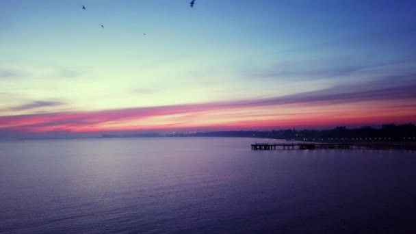 Early Morning Beach Just Sunrise Drone Footage Orange Purple Sky — Wideo stockowe