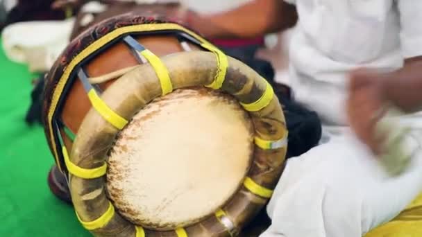 Man Playing Indian Musical Instrument Tabla Slow Motion Shot South — стоковое видео
