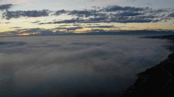 Aerial Panning Fog Covering Lake Lman Sunset Villette Lavaux Switzerland — 图库视频影像