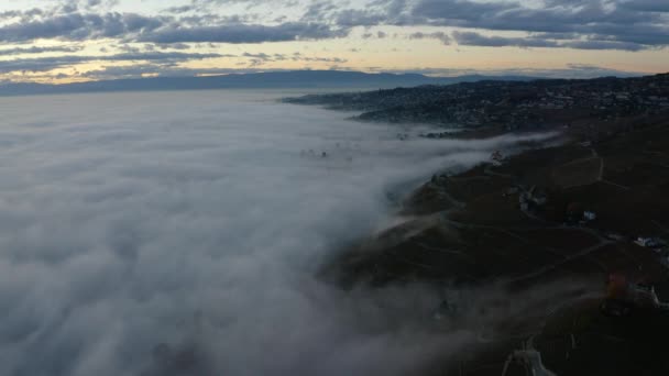 Overflying Fog Retreating Lavaux Landscape Lake Lman Dusk Switzerland — Stockvideo