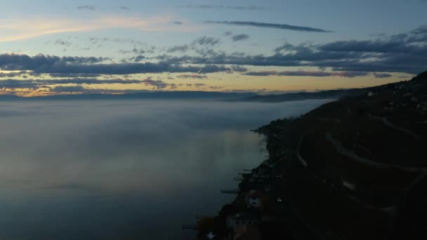 Overflying Shore Lake Lman Swiss Train Passing Disappearing Fog Sunset — Vídeos de Stock