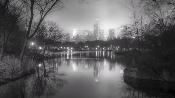 View Surreal Nature Central Park Lakes Ponds Tall Skyscrapers Short — Stock Video