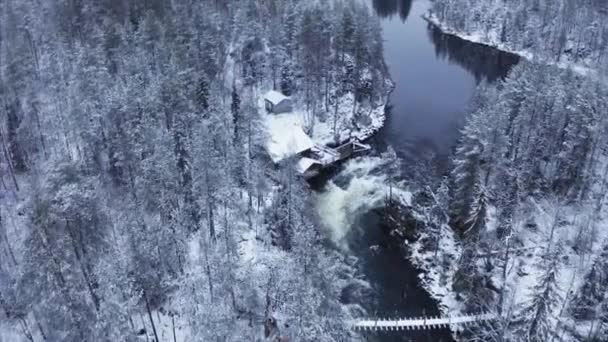 Drone Footage Cabin Snowy Landscape Finland — Stockvideo